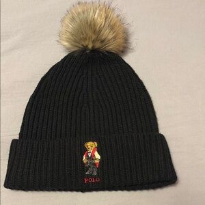 Polo Black Knit Beanie with Bear Patch